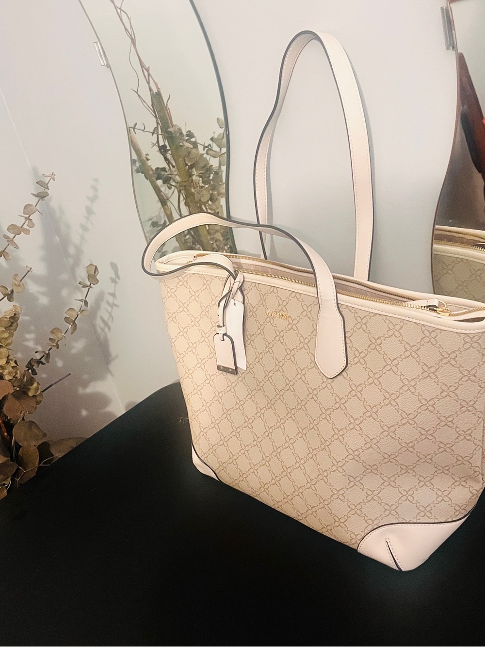 Nine West Cream Patterned Tote with White Trim